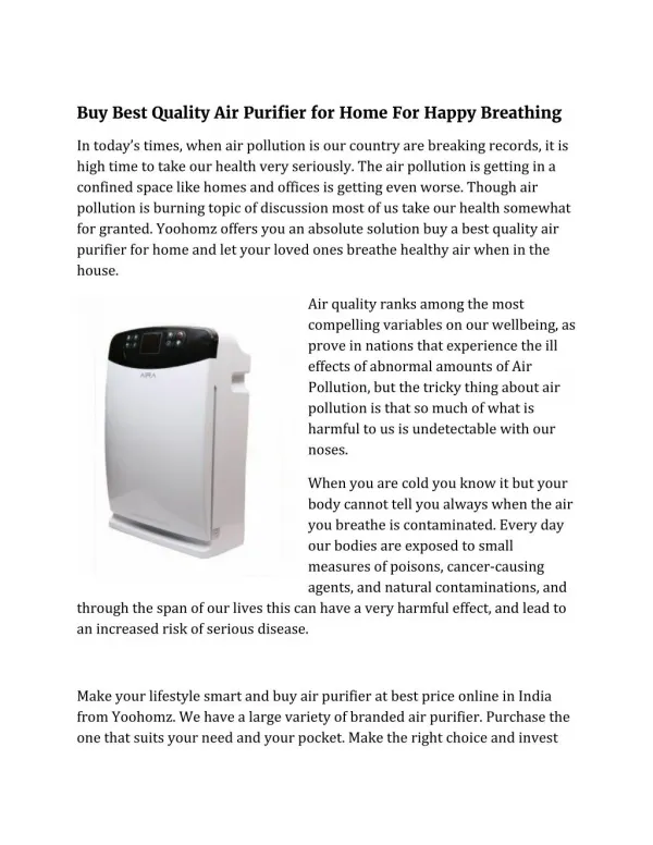 Buy Best Quality Air Purifier for Home For Happy Breathing