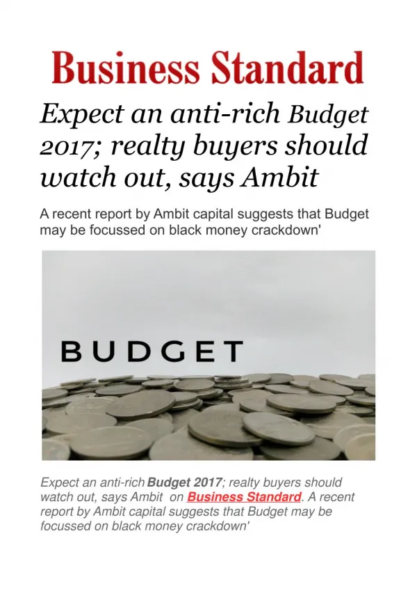 Expect an anti-rich Budget 2017; realty buyers should watch out, says Ambit