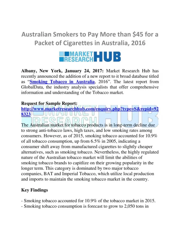 Australian Tobacco Market Research Report and Future Market Trends 2016