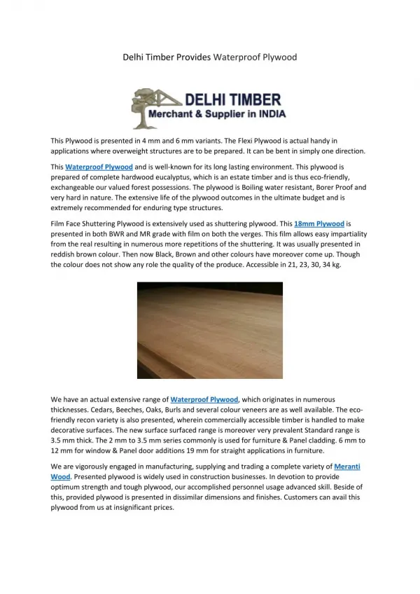 Delhi Timber Provides Waterproof Plywood