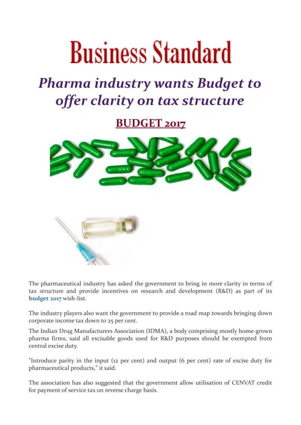 Pharma industry wants Budget to offer clarity on tax structure