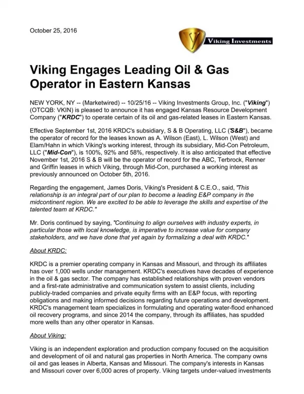VIKING ENGAGES LEADING OIL & GAS OPERATOR IN EASTERN KANSAS