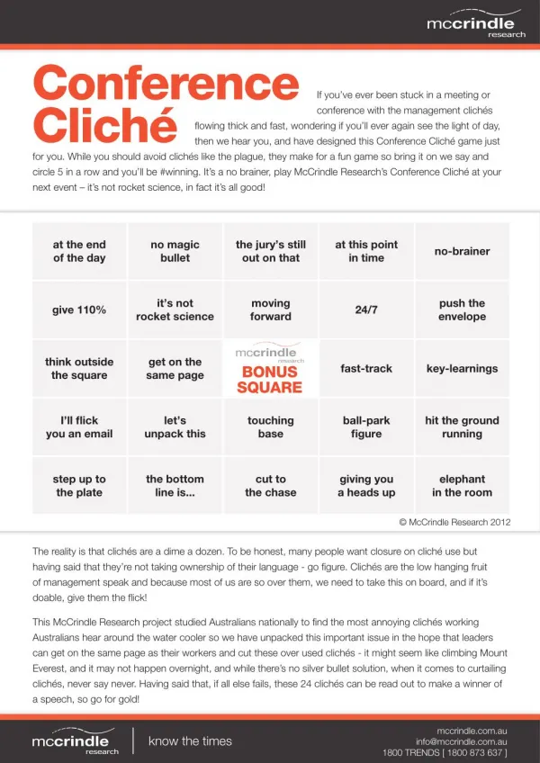 Conference cliches: McCrindle Research Meeting Bingo Game