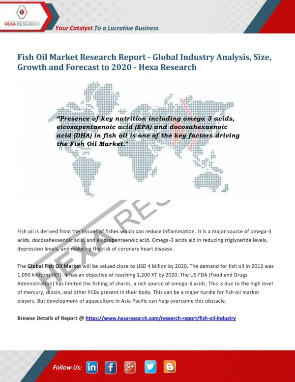 Fish Oil Market Share, Size, Analysis, Growth, Trends and Forecasts, 2012 to 2020 | Hexa Research