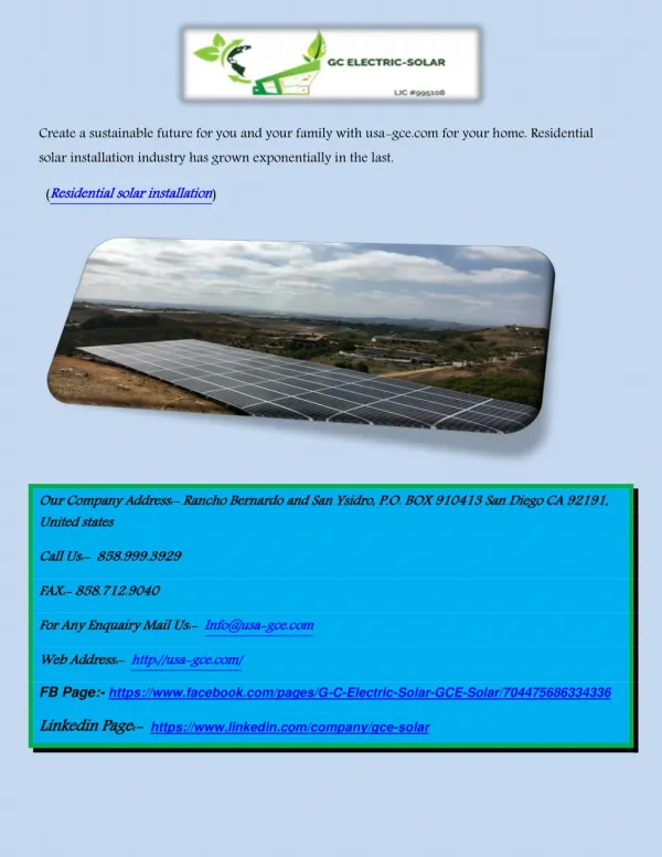 Affordable Residential G C electric solar panel installation service