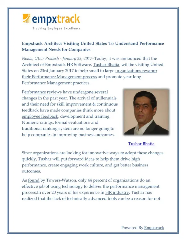 Empxtrack Architect Visiting United States To Understand Performance Management Needs for Companies