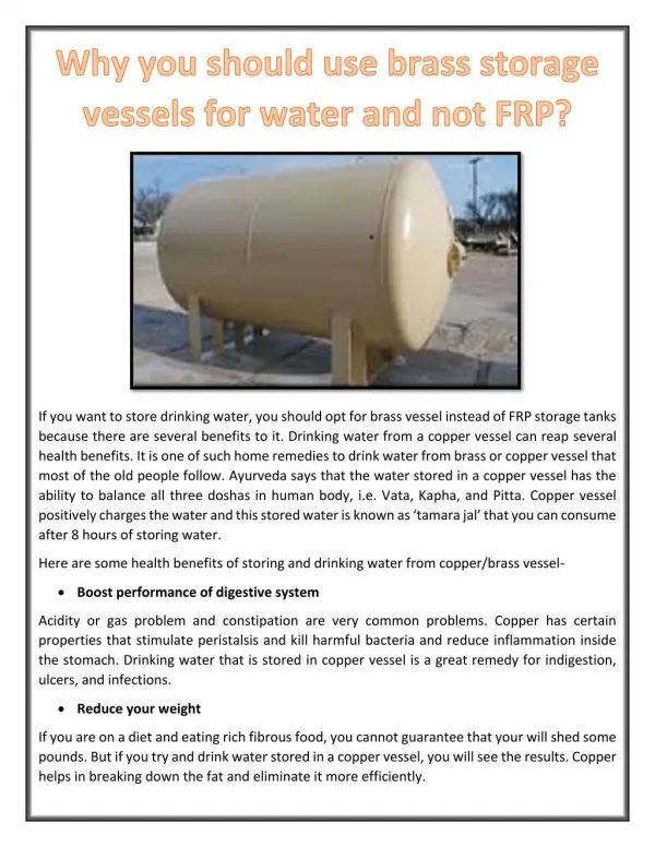 Why you should use brass storage vessels for water and not FRP?