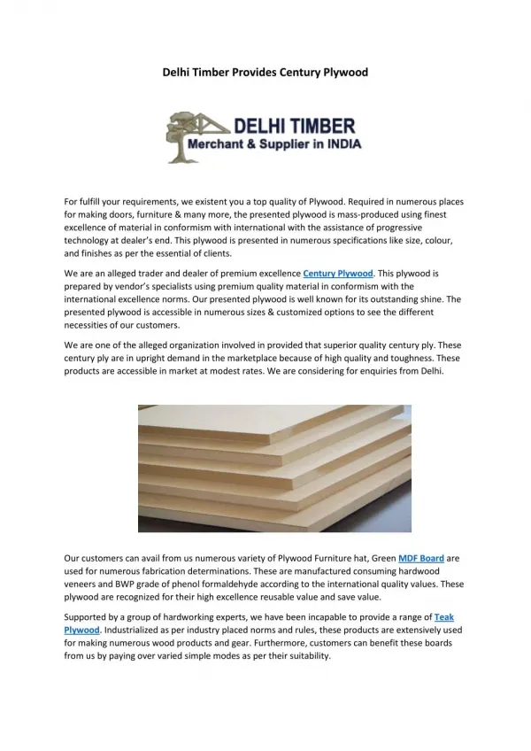 Delhi Timber Provides Century Plywood
