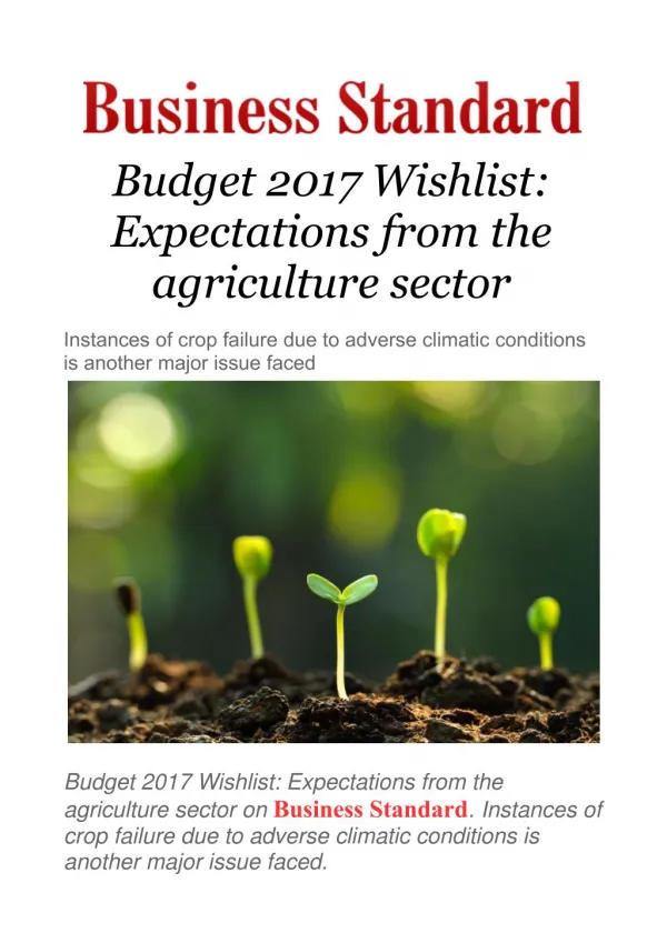 Budget 2017 Wishlist: Expectations from the agriculture sector