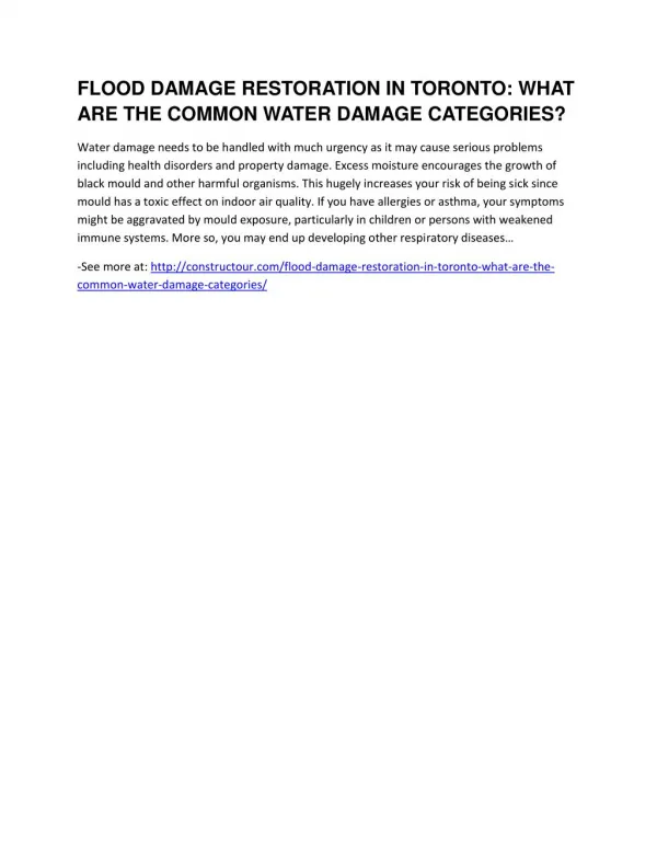 Flood Damage Restoration In Toronto: What Are The Common Water Damage Categories?