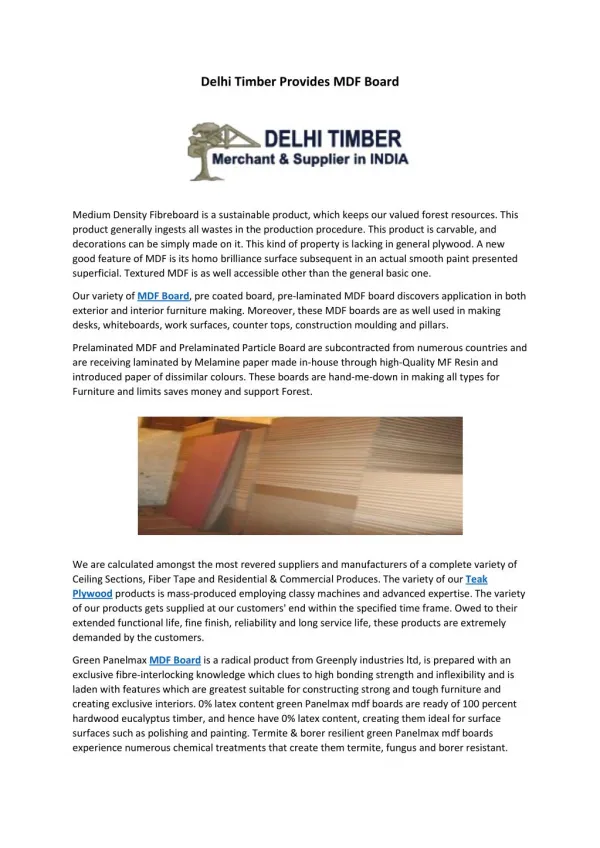 Delhi Timber Provides MDF Board