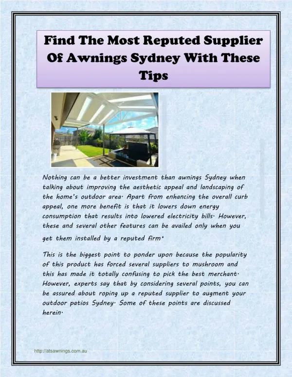 Find The Most Reputed Supplier Of Awnings Sydney With These Tips