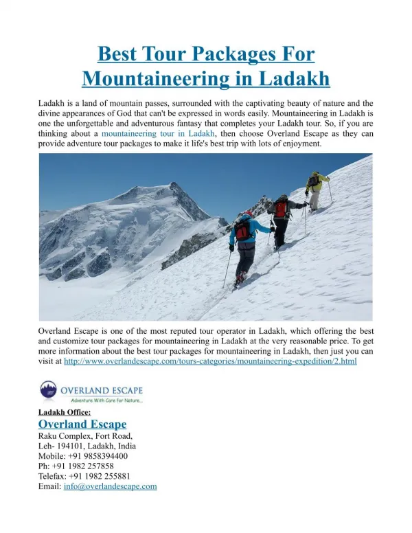 Best Tour Packages For Mountaineering in Ladakh