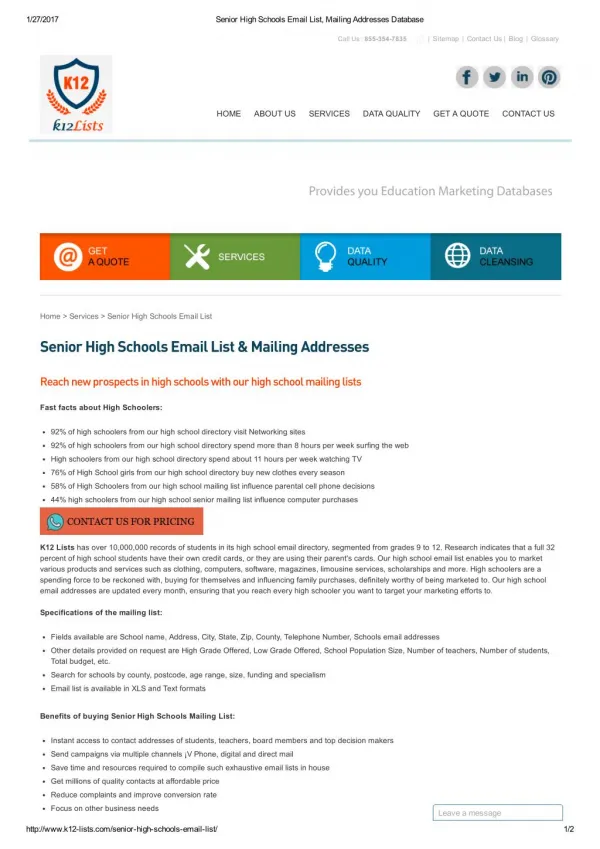 senior high schools email database in USA