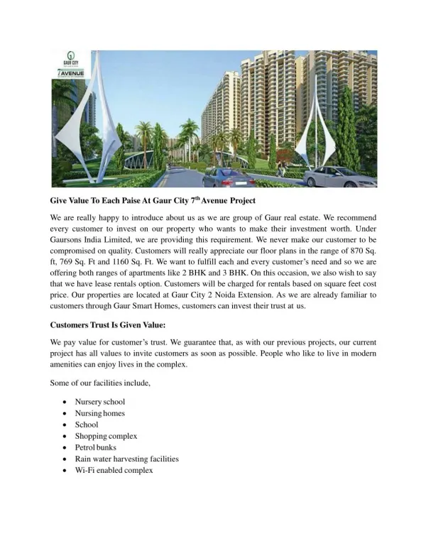 Give Value To Each Paise At Gaur City 7th Avenue Project