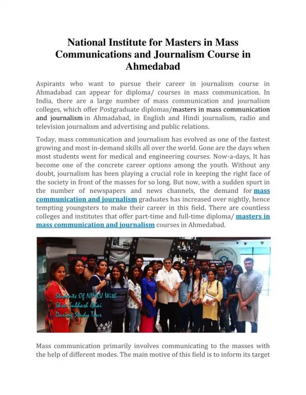 National Institute For Masters In Mass Communications and Journalism Course In Ahmedabad