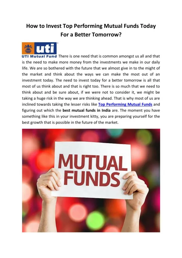 How to Invest Top Performing Mutual Funds Today For a Better Tomorrow