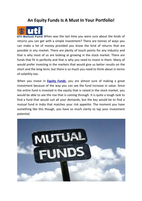 An Equity Funds Is A Must In Your Portfolio!