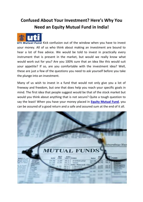 Confused About Your Investment Here’s Why You Need an Equity Mutual Fund in India!