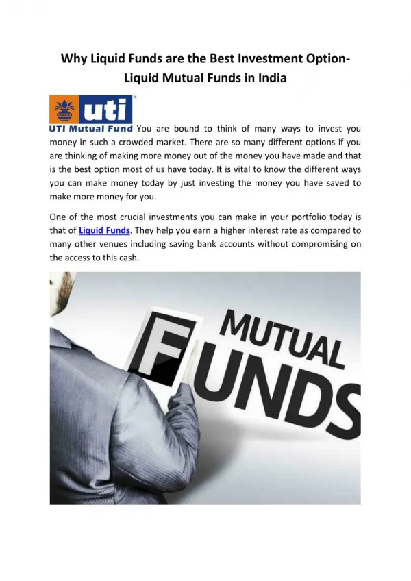 Why Liquid Funds are the Best Investment Option- Liquid Mutual Funds in India
