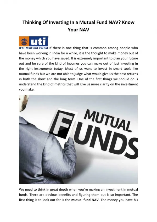 Thinking Of Investing In a Mutual Fund NAV, Know Your NAV