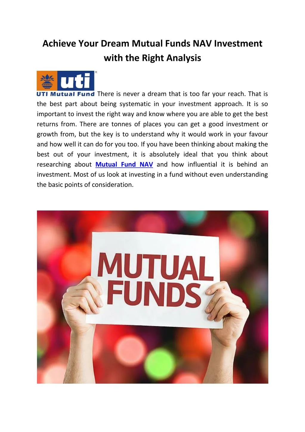 achieve your dream mutual funds nav investment
