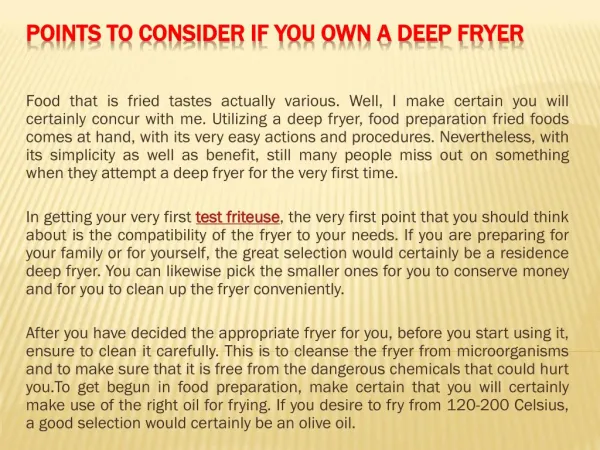 Points to Consider If You Own a Deep Fryer
