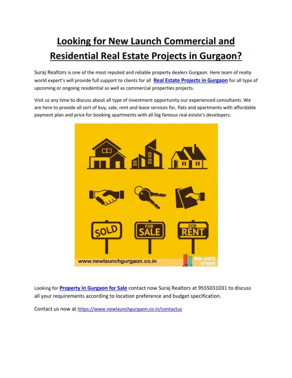 Looking for New Launch Commercial and Residential Real Estate Projects in Gurgaon? Call at 9555031031