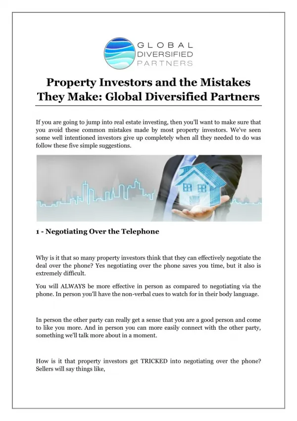 Property Investors and the Mistakes They Make: Global Diversified Partners
