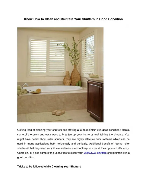 Know How to Clean and Maintain Your Shutters in Good Condition