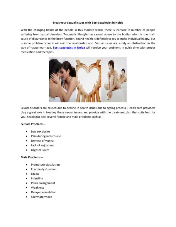 Treat your Sexual Issues with Best Sexologist in Noida