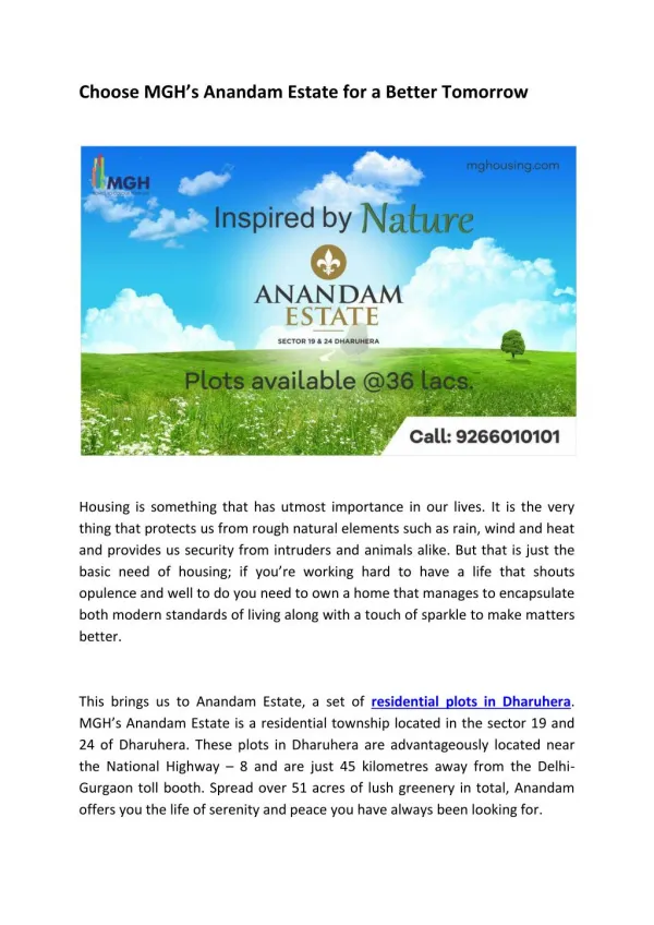 Choose MGH’s Anandam Estate for a Better Tomorrow