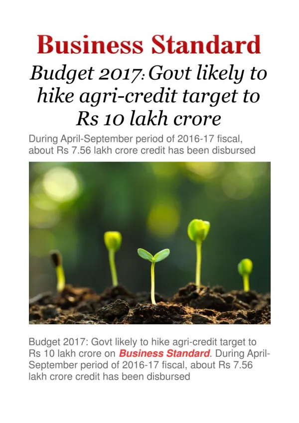 Budget 2017: Govt likely to hike agri-credit target to Rs 10 lakh crore