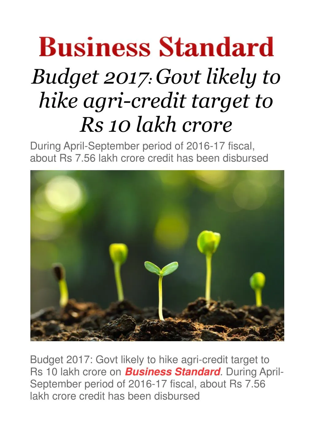 budget 2017 govt likely to hike agri credit