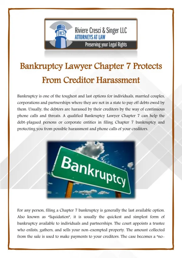 Bankruptcy Lawyer Chapter 7 Protects From Creditor Harassment