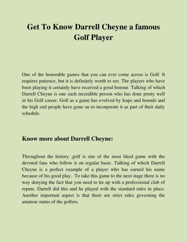Get To Know Darrell Cheyne a famous Golf Player