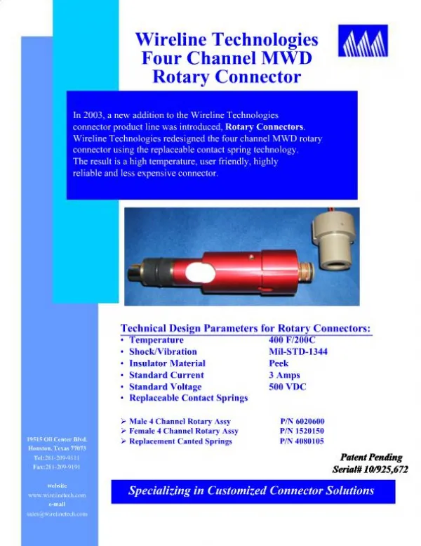 Wireline Technologies Four Channel MWD Rotary Connector