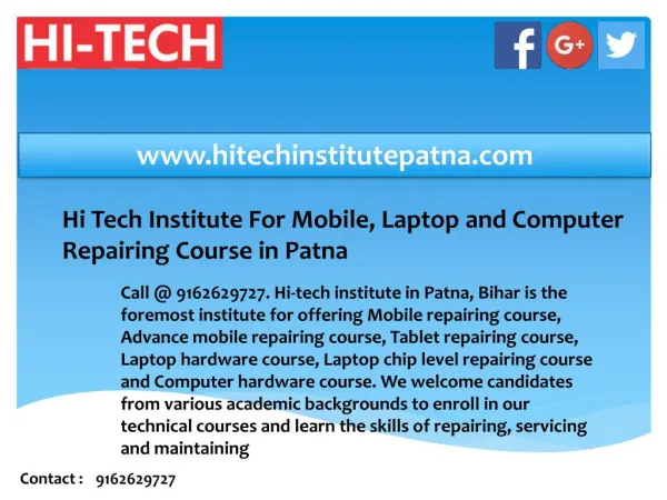 Hi Tech Institute For Mobile, Laptop and Computer Repairing Course in Patna, Bihar