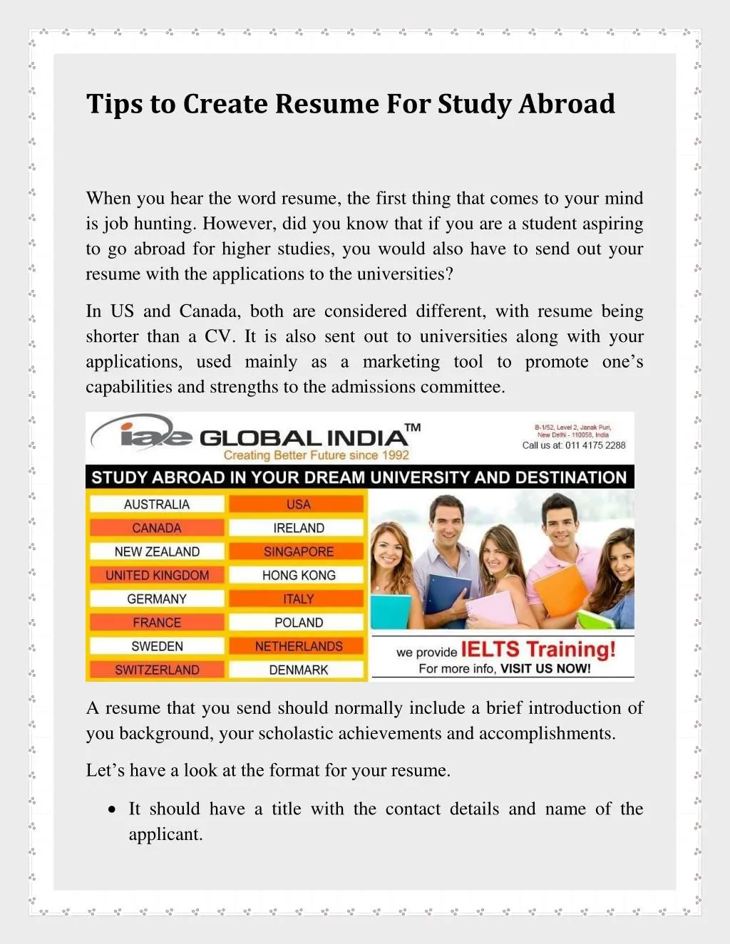 tips to create resume for study abroad