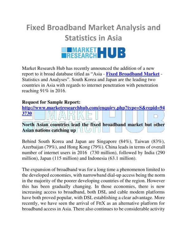 Asia Fixed Broadband Market Analysis and Statistics Market Report