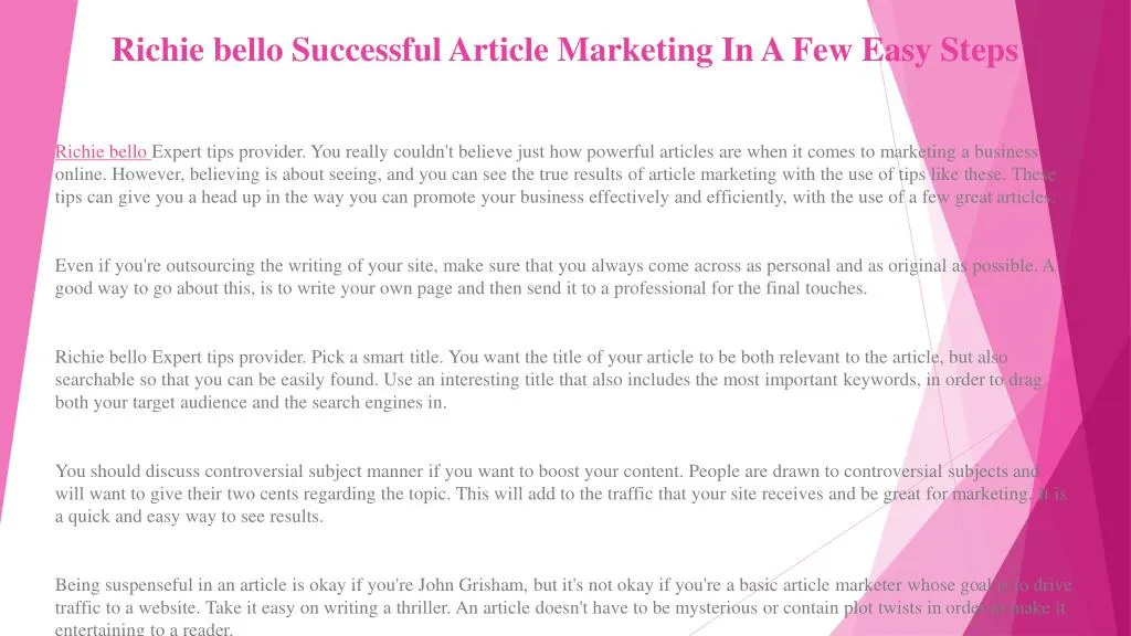 richie bello successful article marketing in a few easy steps