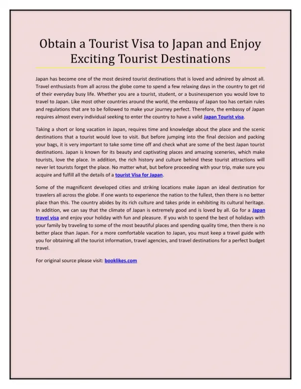 Obtain a Tourist Visa to Japan and Enjoy Exciting Tourist Destinations