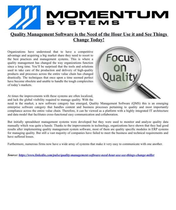 Quality Management Software is the Need of the Hour Use it and See Things Change Today!