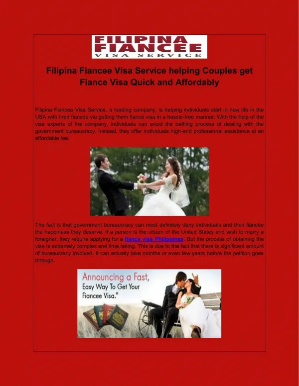 Filipina Fiancee Visa Service helping Couples get Fiance Visa Quick and Affordably