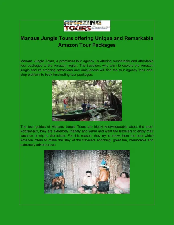 Manaus Jungle Tours offering Unique and Remarkable Amazon Tour Packages