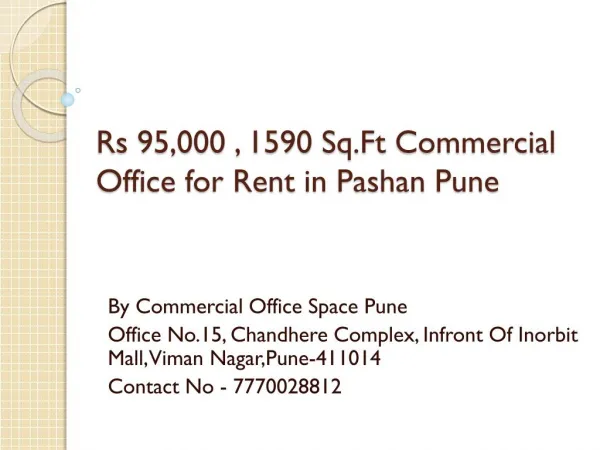 Rs 95,000 , 1590 Sq.Ft Commercial Office for Rent in Pashan Pune