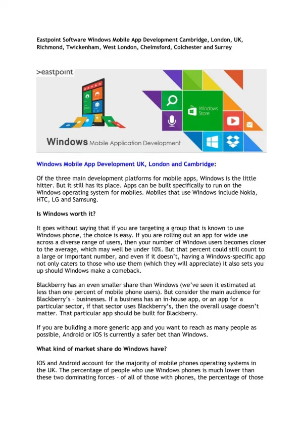 Eastpoint Software Windows Mobile App Development Cambridge, London, UK, Richmond, Twickenham, West London, Chelmsford,