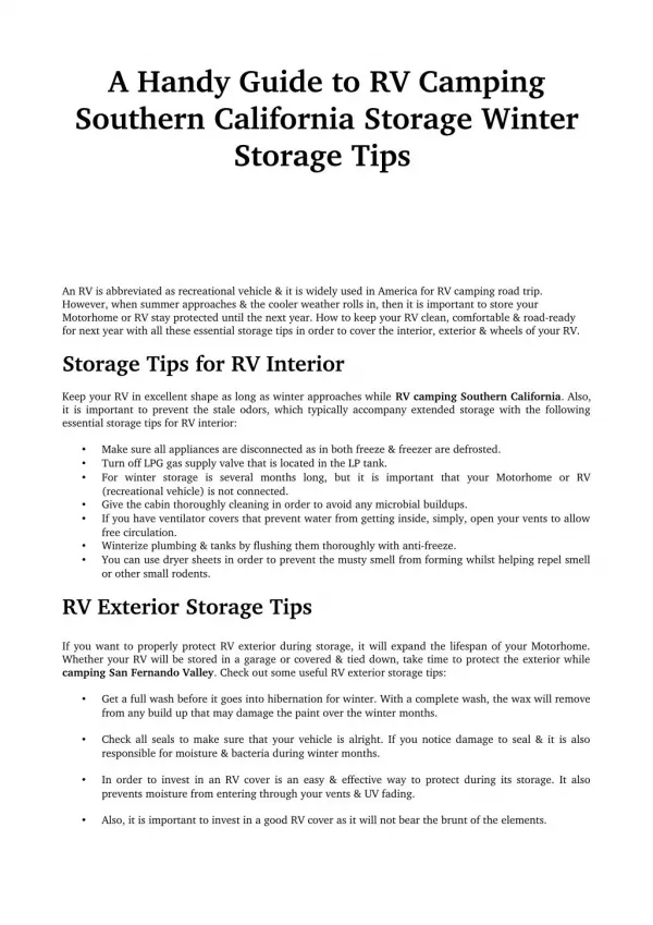 A Handy Guide to RV Camping Southern California Storage Winter Storage Tips