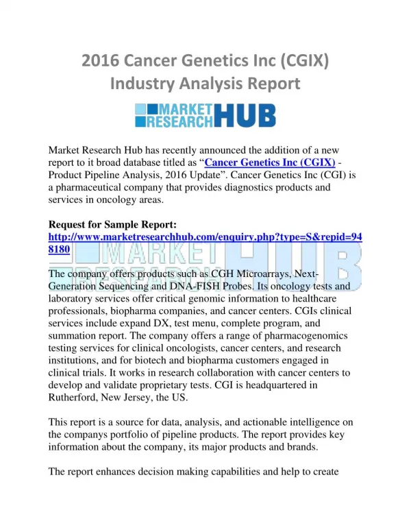 2016 Cancer Genetics Inc (CGIX) Industry Analysis Report