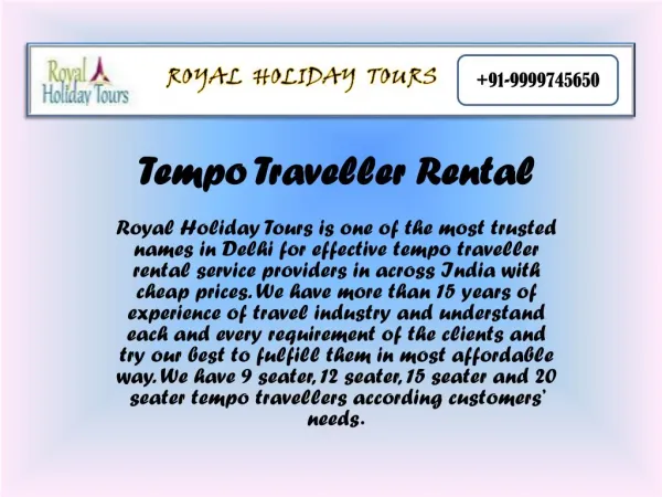 Tempo Traveller Rent Delhi, 9 Seater Tempo Traveller on hire
